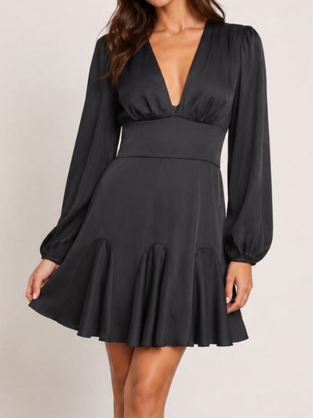 Abercrombie & Fitch Black Satin Deep V-Neck Long Sleeve Mini Dress